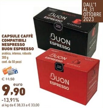 Conad CAPSULE CAFFÈ COMPATIBILI NESPRESSO BUON ESPRESSO arabica, intenso, robusto 300 g conf. da 50 pezzi offerta