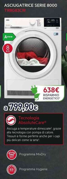 Unieuro AEG ASCIUGATRICE SERIE 8000 TR8G83CW offerta