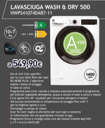 Unieuro HOOVER LAVASCIUGA WASH & DRY 500 HWPS41074DAB7-11 offerta