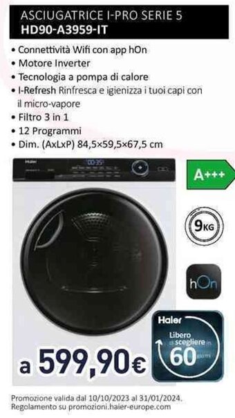 Unieuro Haier ASCIUGATRICE I-PRO SERIE 5 HD90-A3959-IT offerta