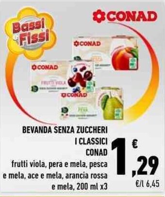 BEVANDA SENZA ZUCCHERI I CLASSICI CONAD frutti viola, pera e mela, pesca e mela, ace e mela, arancia rossa e mela, 200 ml x3