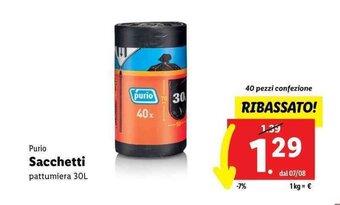 Lidl Purio Sacchetti pattumiera 30L 40 pezzi offerta