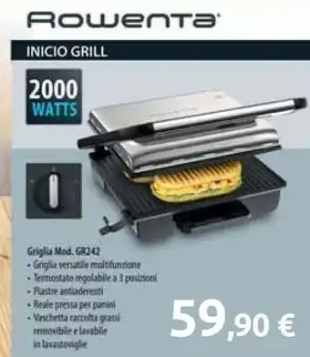 Carrefour Rowenta GR242D Inicio Grill Adjust, Griglia Multifunzione Per Carne E Verdura, 3 Livelli Di Cottura, 2000 W, Ghisa offerta
