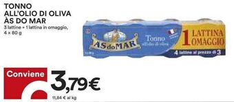 Coop TONNO ALL'OLIO DI OLIVA ÀS DO MAR 3 lattine + 1 lattina in omaggio, 4 x 80 g offerta