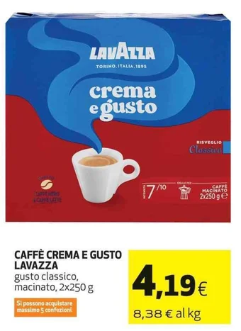 Coop CAFFÈ CREMA E GUSTO LAVAZZA gusto classico, macinato, 2x250 g offerta