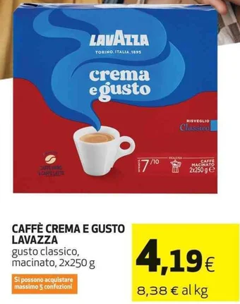 Coop CAFFÈ CREMA E GUSTO LAVAZZA gusto classico, macinato, 2x250 g offerta