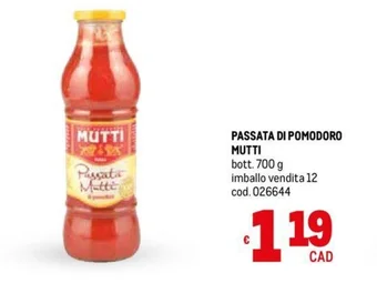Metro PASSATA DI POMODORO MUTTI bott. 700 g offerta