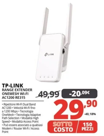 Comet TP-LINK RANGE EXTENDER ONEMESH WI-FI AC1200 RE315 offerta