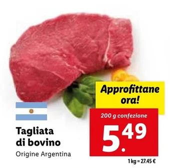 Lidl Tagliata di bovino Origine Argentina 200 g confezione offerta