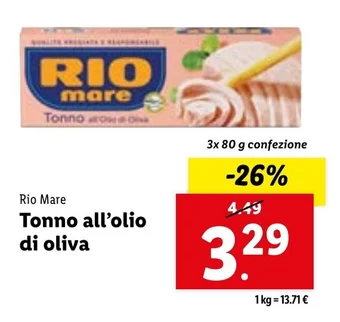 Lidl Rio Mare Tonno all'olio di oliva 3x 80 g confezione offerta