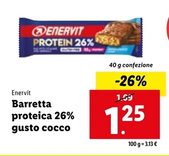 Lidl Enervit Barretta proteica 26% gusto cocco 40 g confezione offerta