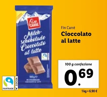 Lidl Fin Carré Cioccolato al latte 100 g confezione offerta