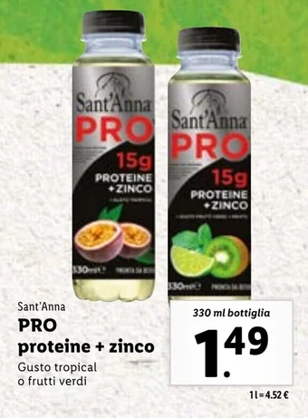 Lidl Sant'Anna PRO proteine + zinco 330 ml bottiglia offerta