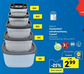 Lidl ERNESTO Contenitori salvafreschezza, 5 pezzi offerta