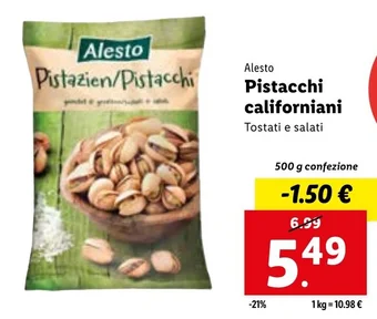 Lidl Alesto Pistacchi californiani 500 g confezione offerta
