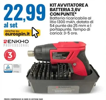 Eurospin KIT AVVITATORE A BATTERIA 3,6V CON PUNTE offerta