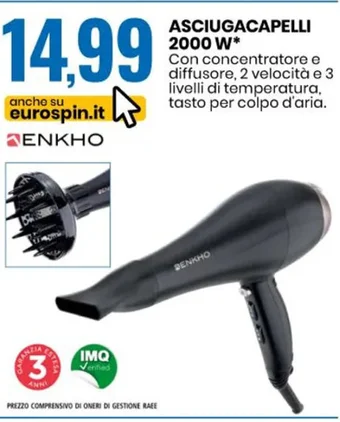 Eurospin ASCIUGACAPELLI 2000 W offerta