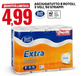 Eurospin ASCIUGATUTTO 8 ROTOLI, 3 VELI, 50 STRAPPI offerta