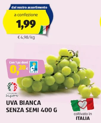 ALDI UVA BIANCA SENZA SEMI 400 G offerta