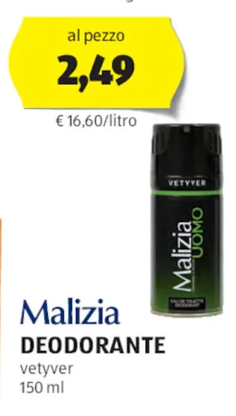 ALDI Malizia DEODORANTE vetyver 150 ml offerta
