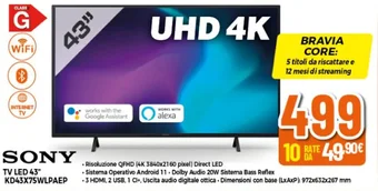 Expert SONY TV LED 43" KD43X75WLPAEP offerta