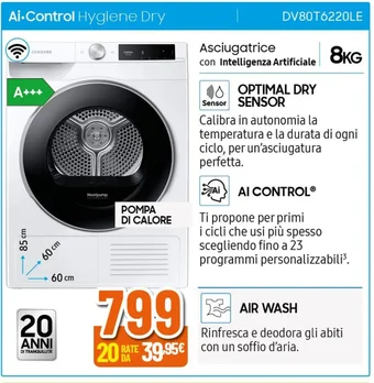 Expert SAMSUNG Asciugatrice con Intelligenza Artificiale DV80T6220LE offerta