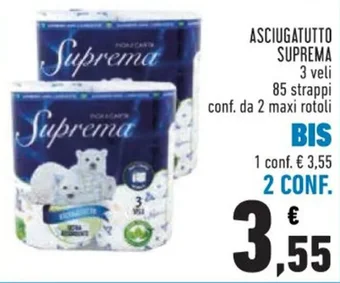 Conad ASCIUGATUTTO SUPREMA 3 veli 85 strappi conf. da 2 maxi rotoli offerta