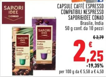 Conad CAPSULE CAFFÈ ESPRESSO COMPATIBILI NESPRESSO SAPORI&IDEE CONAD Brasile, India 50 g conf. da 10 pezzi offerta
