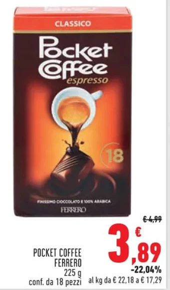 Conad POCKET COFFEE FERRERO 225g conf. da 18 pezzi offerta