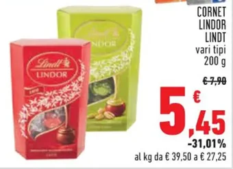 Conad CORNET LINDOR LINDT vari tipi 200 g offerta