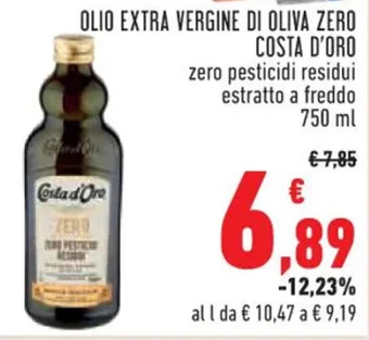 Conad OLIO EXTRA VERGINE DI OLIVA ZERO COSTA D'ORO zero pesticidi residui estratto a freddo 750 ml offerta