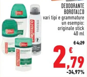 Conad DEODORANTE BOROTALCO vari tipi e grammature un esempio: originale stick 40 ml offerta