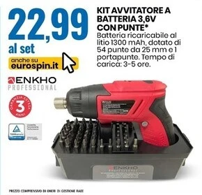 Eurospin Enkho kit avvitatore a batteria 3,6v con punte offerta