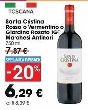 Carrefour Market Marchesi antinori santa cristina rosso o vermentino o giardino rosato igt offerta
