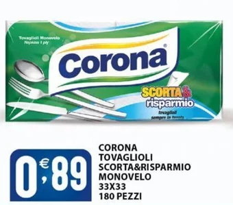 Sisa CORONA TOVAGLIOLI SCORTA&RISPARMIO MONOVELO 33X33 180 PEZZI offerta
