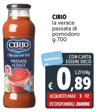 Deco Supermercati CIRIO la verace passata di pomodoro g 700 offerta