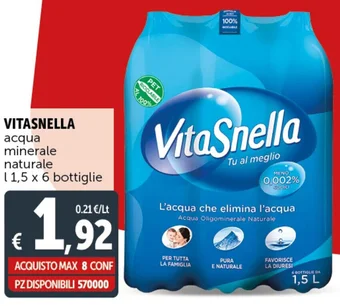 Deco Supermercati VITASNELLA acqua minerale naturale 1 1,5 x 6 bottiglie offerta