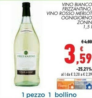 Conad Zonin Vino Bianco Frizzantino offerta