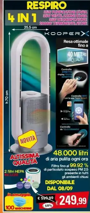Satur Kooper Espiro 4 In 1 Purificatore Aria/ventilazione Aria/deumidificatore/termoventilatore offerta