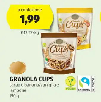ALDI GRANOLA CUPS cacao e banana/vaniglia e lampone 150 g offerta