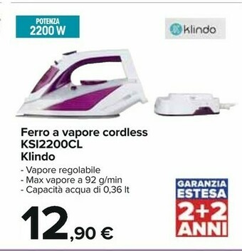 Carrefour Klindo Ferro A Vapore Cordless KSI2200CL offerta