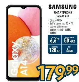 Sinergy Samsung galaxy a14 display lcd fhd+ 6.6, android 13, 4gb ram, 128gb, doppia sim, batteria 5.000 mah, black offerta