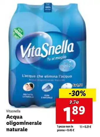 Lidl Vitasnella Acqua oligominerale naturale 6x1,5 l offerta