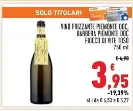 Conad Superstore Toso vino frizzante doc, barbera piemonte doc fiocco di vite offerta
