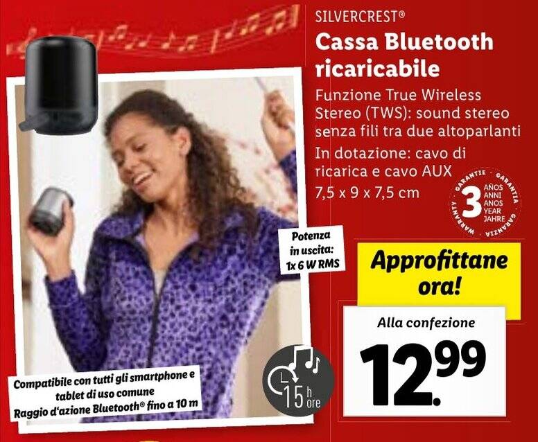 SILVERCREST Cassa Bluetooth ricaricabile offerta di Lidl