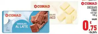 Conad CIOCCOLATO CONAD vari tipi 100 g offerta