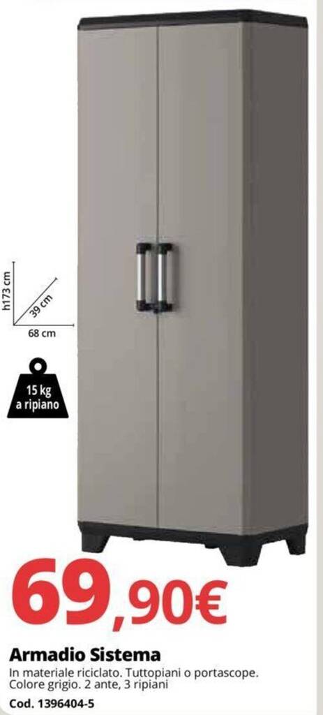 Armadio Portascope Esterno In Resina 68x40x165 Cm Grigio - 2 Ante E 4 Ripiani Per Pulizie