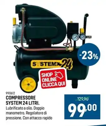 Cfadda COMPRESSORE SYSTEM 24 LITRI. Lubrificato a olio. Doppio manometro. Regolatore di pressione. Con attacco rapido offerta
