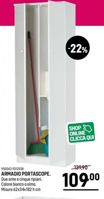 ARMADIO PORTASCOPE. Due ante e cinque ripiani. Colore bianco o olmo. Misure 62x34x182 h cm