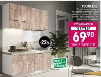Cfadda CUCINA ECO. Struttura bianca con ante, base e pensili colore node. Cappa ad incasso, piano cottura 60 cm offerta